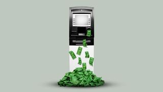 Illustration of an ATM surrounded by a growing pile of money.
